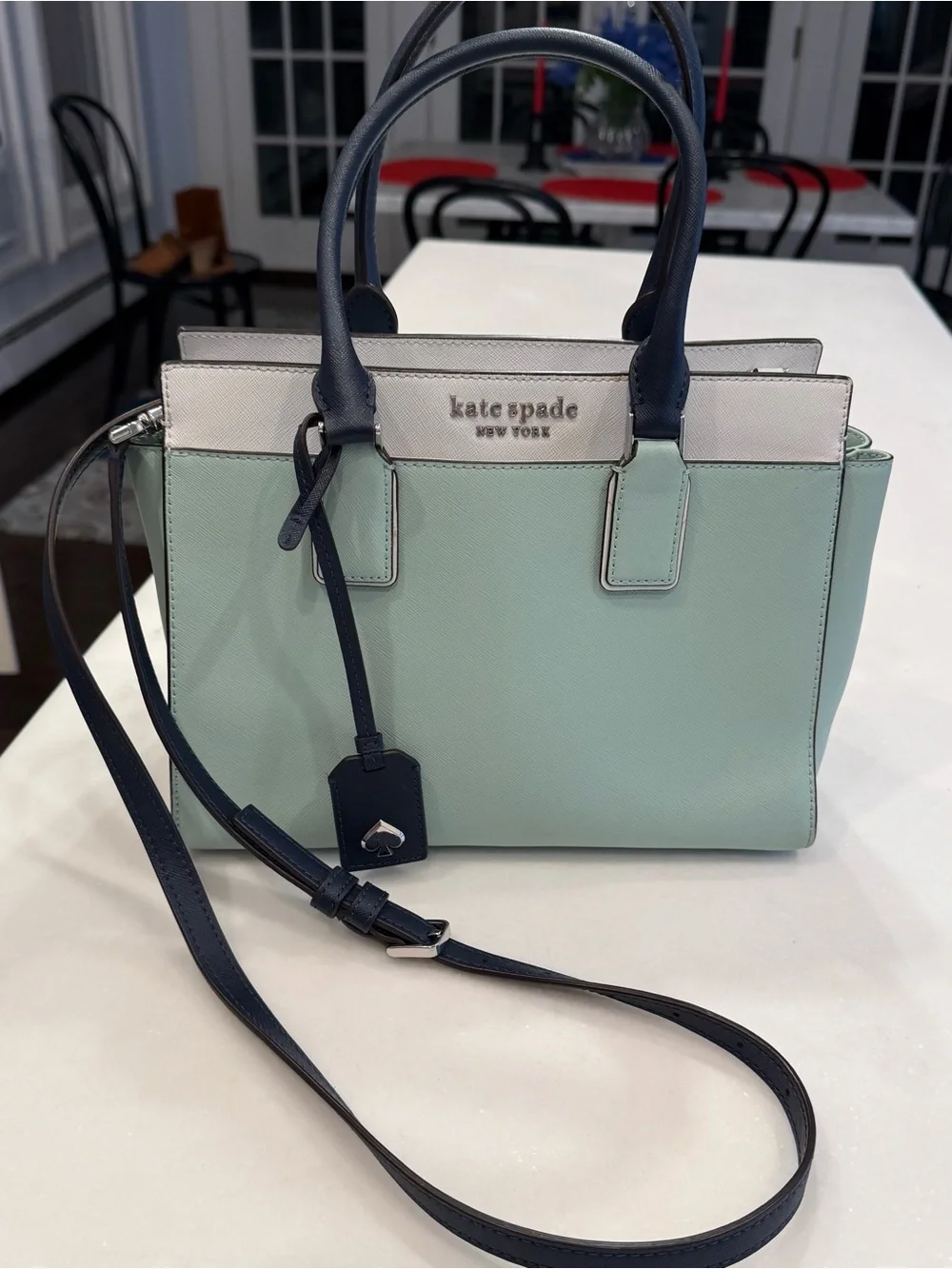 Kate Spade Cameron Medium Satchel/crossbody Pale Green, White & Navy Accents NEW